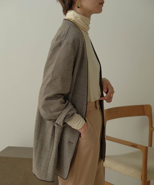 Bab（バブ）の「【WEB限定】配色パイピングカラーレスジャケット（ノーカラージャケット・レディース・ダークブラウン/ブラウン・M）」の14枚目の写真