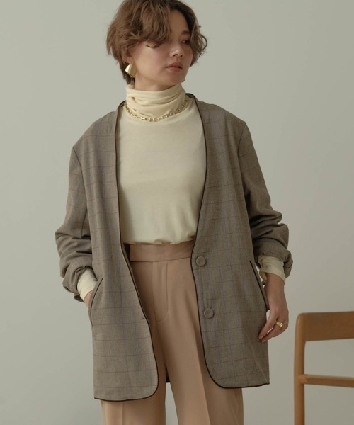 Bab（バブ）の「【WEB限定】配色パイピングカラーレスジャケット（ノーカラージャケット・レディース・ダークブラウン/ブラウン・M）」の21枚目の写真