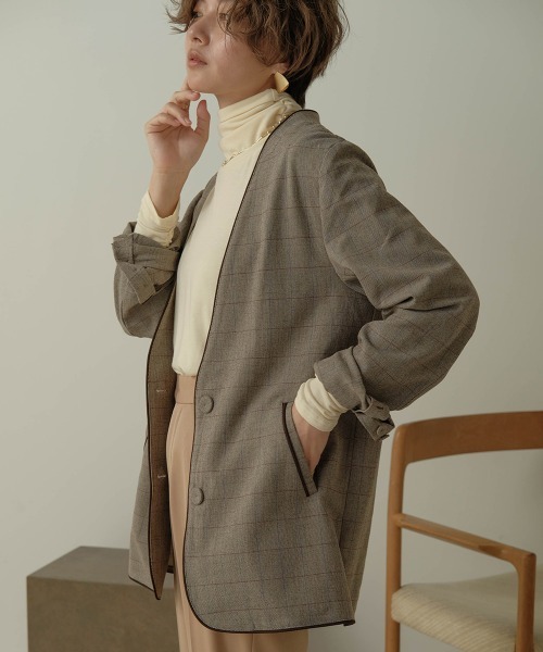 Bab（バブ）の「【WEB限定】配色パイピングカラーレスジャケット（ノーカラージャケット・レディース・ダークブラウン/ブラウン・M）」の22枚目の写真