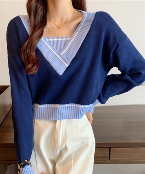 MAISON DE THERESE(メゾン ド テレーズ)の「バイカラー Vネックニットトップス(ニット/セーター・レディース・ブルー/ホワイト/グレー/ブラック/ピンク・FREE)」の4枚目の写真