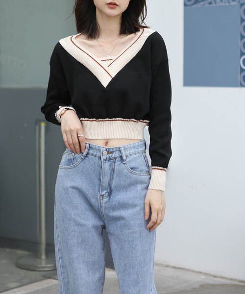 MAISON DE THERESE(メゾン ド テレーズ)の「バイカラー Vネックニットトップス(ニット/セーター・レディース・ブルー/ホワイト/グレー/ブラック/ピンク・FREE)」の7枚目の写真