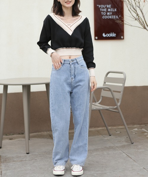MAISON DE THERESE(メゾン ド テレーズ)の「バイカラー Vネックニットトップス(ニット/セーター・レディース・ブルー/ホワイト/グレー/ブラック/ピンク・FREE)」の8枚目の写真