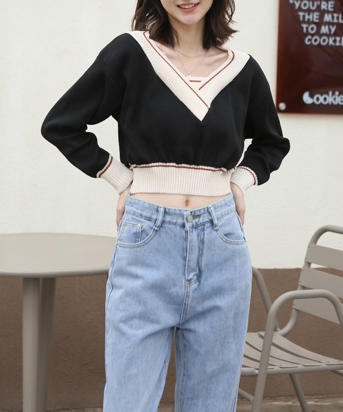 MAISON DE THERESE(メゾン ド テレーズ)の「バイカラー Vネックニットトップス(ニット/セーター・レディース・ブルー/ホワイト/グレー/ブラック/ピンク・FREE)」の11枚目の写真
