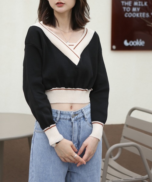 MAISON DE THERESE(メゾン ド テレーズ)の「バイカラー Vネックニットトップス(ニット/セーター・レディース・ブルー/ホワイト/グレー/ブラック/ピンク・FREE)」の20枚目の写真