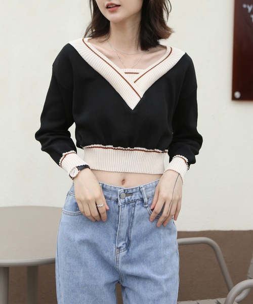 MAISON DE THERESE(メゾン ド テレーズ)の「バイカラー Vネックニットトップス(ニット/セーター・レディース・ブルー/ホワイト/グレー/ブラック/ピンク・FREE)」の22枚目の写真