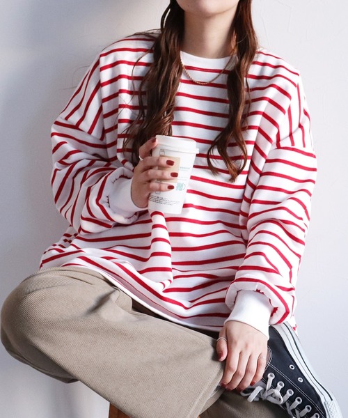 reca(レカ)の「裏起毛ビッグシルエットボーダースウェット(スウェット・レディース・ホワイト/ブラック/グレー/モカ/オートミール/アイボリー/グリーン系/レッド系その他/ベージュ/チャコールグレー/バーガンディー/グレー系その他/グレー系1/ブラウン系1/ホワイト系その他・FREE)」の15枚目の写真