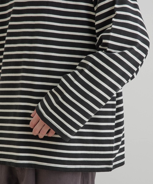 JUNRED（ジュンレッド）の「オーバーサイズボーダーロングスリーブTシャツ（Tシャツ/カットソー・メンズ・ブラック系その他/ライトグレー・M/S/L）」の10枚目の写真