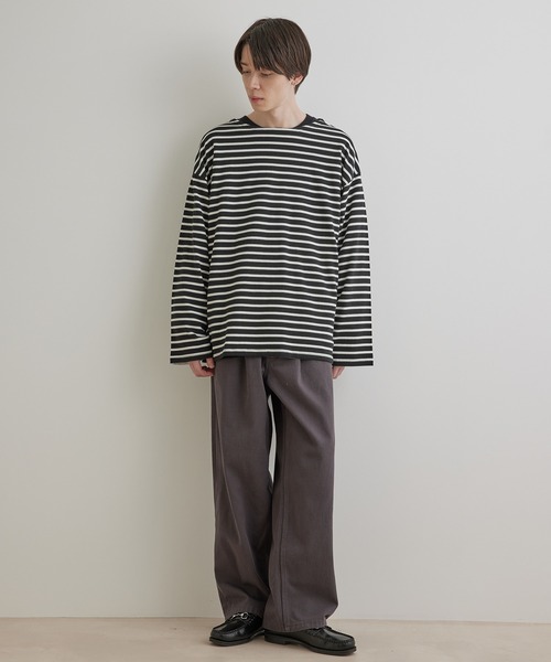 JUNRED（ジュンレッド）の「オーバーサイズボーダーロングスリーブTシャツ（Tシャツ/カットソー・メンズ・ブラック系その他/ライトグレー・M/S/L）」の5枚目の写真