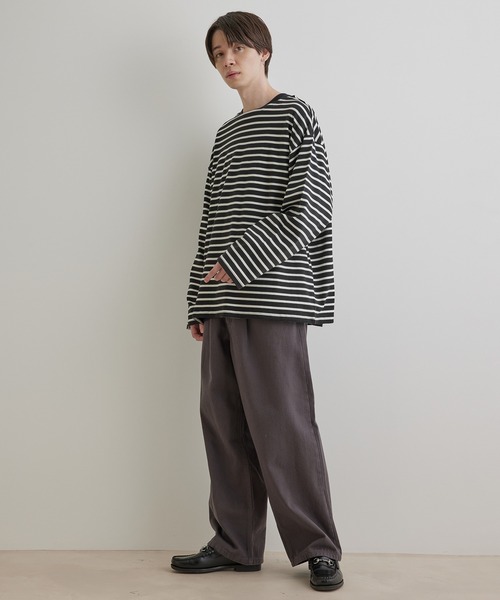 JUNRED（ジュンレッド）の「オーバーサイズボーダーロングスリーブTシャツ（Tシャツ/カットソー・メンズ・ブラック系その他/ライトグレー・M/S/L）」の6枚目の写真