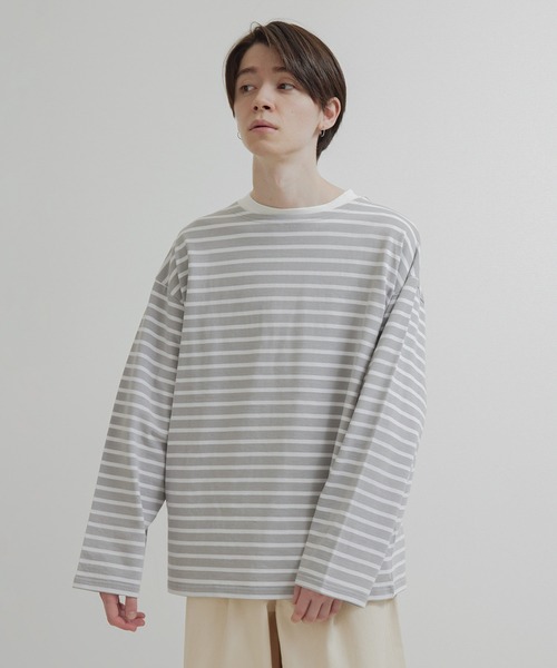 JUNRED（ジュンレッド）の「オーバーサイズボーダーロングスリーブTシャツ（Tシャツ/カットソー・メンズ・ブラック系その他/ライトグレー・M/S/L）」の13枚目の写真