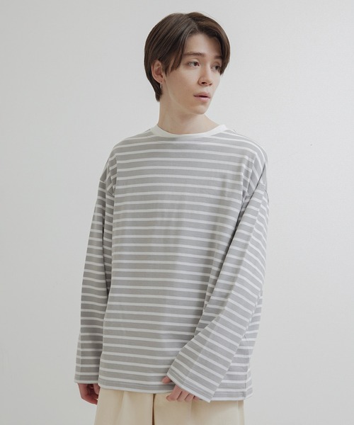 JUNRED（ジュンレッド）の「オーバーサイズボーダーロングスリーブTシャツ（Tシャツ/カットソー・メンズ・ブラック系その他/ライトグレー・M/S/L）」の14枚目の写真