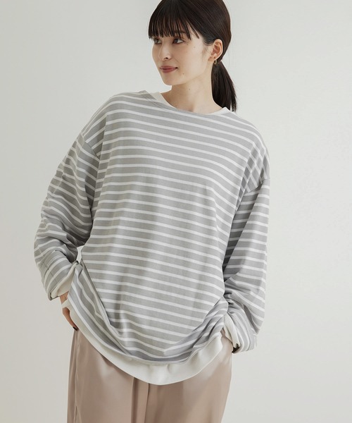 JUNRED（ジュンレッド）の「オーバーサイズボーダーロングスリーブTシャツ（Tシャツ/カットソー・メンズ・ブラック系その他/ライトグレー・M/S/L）」の15枚目の写真