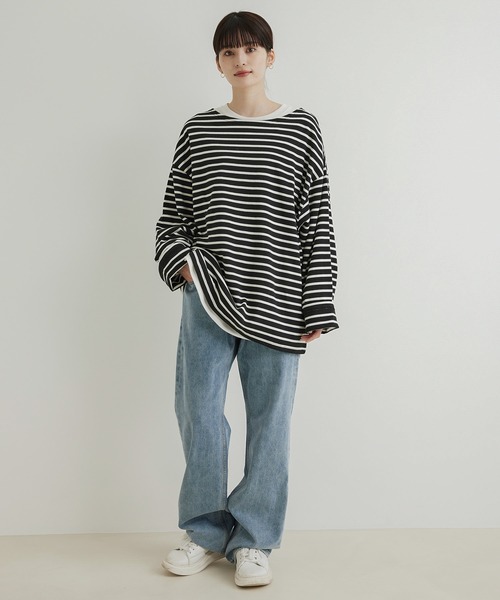 JUNRED（ジュンレッド）の「オーバーサイズボーダーロングスリーブTシャツ（Tシャツ/カットソー・メンズ・ブラック系その他/ライトグレー・M/S/L）」の17枚目の写真