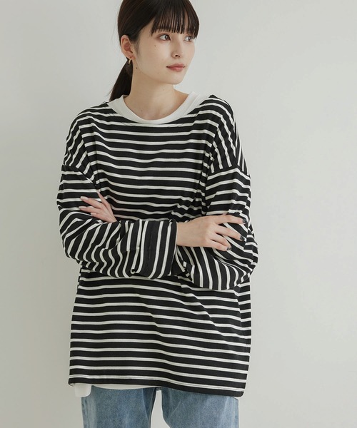 JUNRED（ジュンレッド）の「オーバーサイズボーダーロングスリーブTシャツ（Tシャツ/カットソー・メンズ・ブラック系その他/ライトグレー・M/S/L）」の11枚目の写真