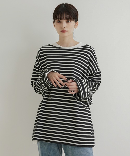 JUNRED（ジュンレッド）の「オーバーサイズボーダーロングスリーブTシャツ（Tシャツ/カットソー・メンズ・ブラック系その他/ライトグレー・M/S/L）」の12枚目の写真