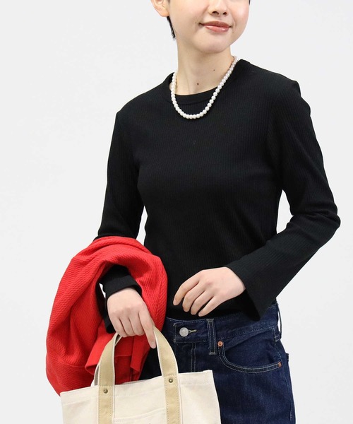 HONEYSUCKLE ROSE（ハニーサックルローズ）の「【HONEYSUCKLE ROSE】フレア袖リブロンＴ（Tシャツ/カットソー・レディース・ブラック/ベージュ/オフホワイト/ホワイト×ブラック/ホワイト×グリーン/ホワイト×カーキブラウン・M/L）」の6枚目の写真