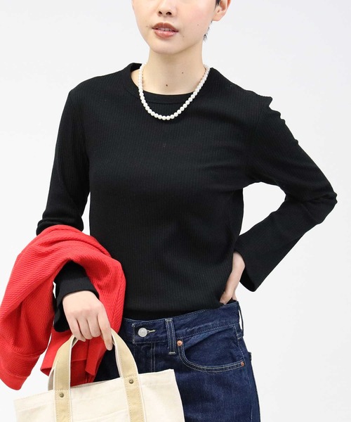 HONEYSUCKLE ROSE（ハニーサックルローズ）の「【HONEYSUCKLE ROSE】フレア袖リブロンＴ（Tシャツ/カットソー・レディース・ブラック/ベージュ/オフホワイト/ホワイト×ブラック/ホワイト×グリーン/ホワイト×カーキブラウン・M/L）」の15枚目の写真