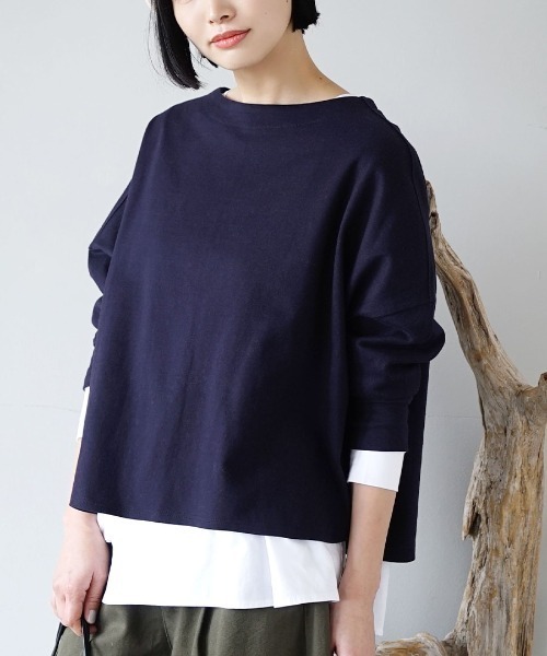 zootie（ズーティー）の「シミヘン加工 フレンチバスク ワイドプルオーバー［ボーダー＆無地］（Tシャツ/カットソー・レディース・オフホワイト/ホワイト×ピンク/ホワイト×ライトグレー/チャコール/ホワイト×イエロー/ピンク/グレー/ネイビー/ホワイト×パープル/バーガンディー/チャコールグレー/ブルー系その他2/ホワイト系その他5/レッド系その他2/ライラック/ベージュ系その他/ベージュ系その他2/ブラック/グリーン/ブラウン系その他2・フリー）」の15枚目の写真