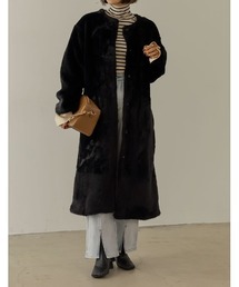Re:EDIT | [2022A/W COLLECTION][低身長サイズ有]フェイクファー切り替えデザインロングコート(ノーカラージャケット)