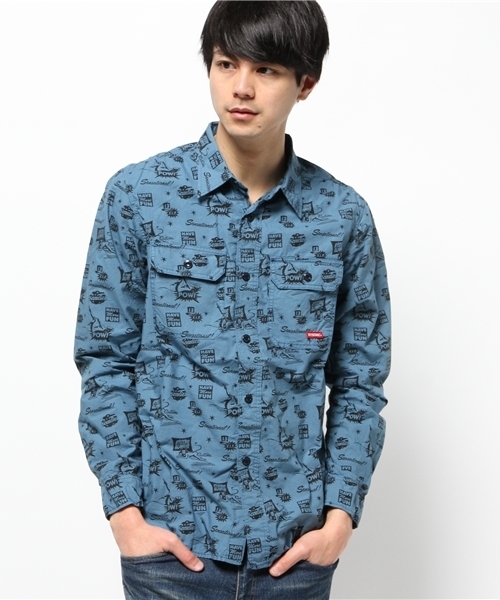 HYSTERIC GLAMOUR(ヒステリックグラマー)の「EVIL MAKES ME総柄 長袖ワークSH(シャツ/ブラウス・メンズ・ホワイト/ピンク系その他/ブルー系その他・SMALL/MEDIUM/LARGE)」の1枚目の写真