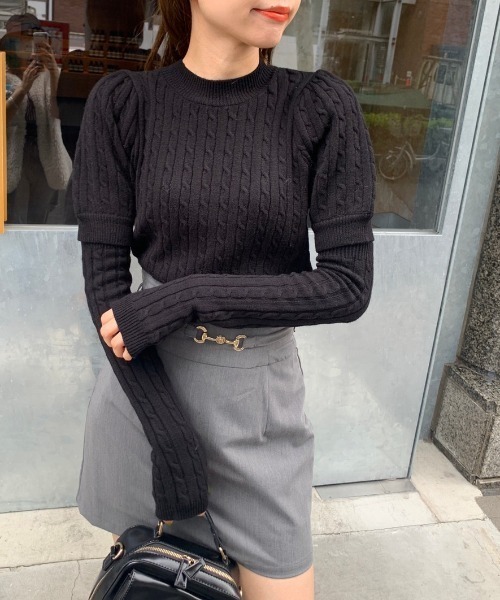 OLIVE des OLIVE（オリーブデオリーブ）の「アームウォーマー付ケーブルプルオーバー（ニット/セーター・レディース・ブラック/グレー/オフホワイト/グリーン・FREE）」の20枚目の写真