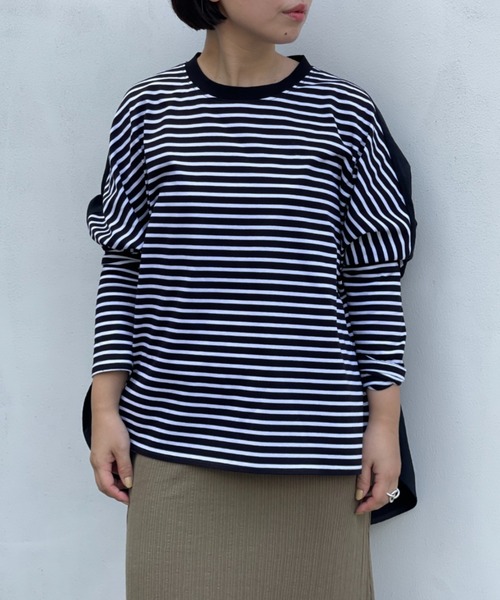 BEARDSLEY(ビアズリー)の「O【これからのニットのチクチク予防用インナーにも】布帛コンビ前後カットソー(Tシャツ/カットソー・レディース・ブラック/アイボリー・S/M)」の13枚目の写真