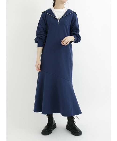 Samansa Mos2 blue（サマンサモスモスブルー）の「裏毛ハーフジップワンピース（ワンピース・レディース・ネイビー/ブラック/モカ・ﾌﾘ-）」の3枚目の写真