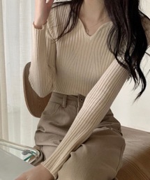 【OKUOKU 0909】Vネックリブニット oku-tops-682899622835-1599