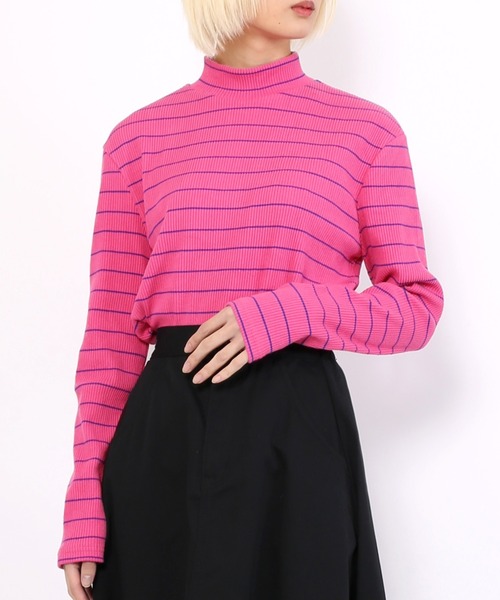 PUNYUS（プニュズ）の「カラーボーダーハイネックロンＴ（Tシャツ/カットソー・レディース・ブラック/イエロー/ピンク/グリーン/サックスブルー/ブルー/ライトパープル・1/2/3/4）」の7枚目の写真