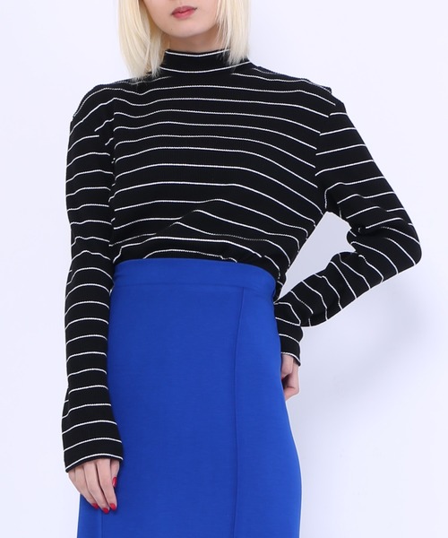 PUNYUS（プニュズ）の「カラーボーダーハイネックロンＴ（Tシャツ/カットソー・レディース・ブラック/イエロー/ピンク/グリーン/サックスブルー/ブルー/ライトパープル・1/2/3/4）」の2枚目の写真