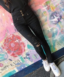 meJane | ボタンフライ ハイウエストダメージスキニー(デニムパンツ)