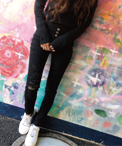 meJane（ミージェーン）の「ボタンフライ ハイウエストダメージスキニー（デニムパンツ・レディース・インディゴブルー/ブラック/ブルー・SS/S/M/L）」の5枚目の写真