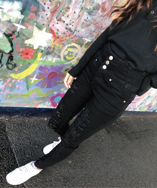 meJane（ミージェーン）の「ボタンフライ ハイウエストダメージスキニー（デニムパンツ・レディース・インディゴブルー/ブラック/ブルー・SS/S/M/L）」の6枚目の写真