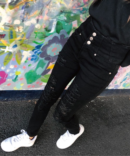 meJane（ミージェーン）の「ボタンフライ ハイウエストダメージスキニー（デニムパンツ・レディース・インディゴブルー/ブラック/ブルー・SS/S/M/L）」の12枚目の写真