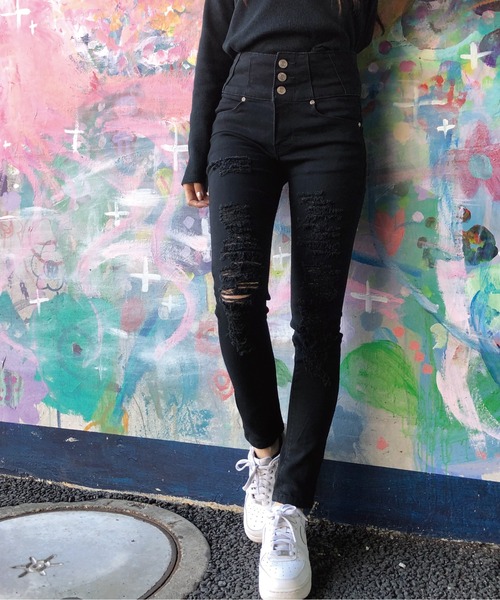 meJane（ミージェーン）の「ボタンフライ ハイウエストダメージスキニー（デニムパンツ・レディース・インディゴブルー/ブラック/ブルー・SS/S/M/L）」の7枚目の写真