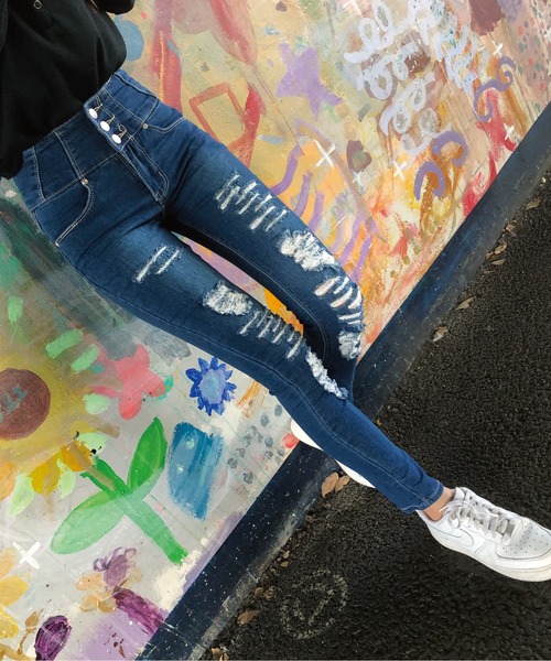 meJane（ミージェーン）の「ボタンフライ ハイウエストダメージスキニー（デニムパンツ・レディース・インディゴブルー/ブラック/ブルー・SS/S/M/L）」の18枚目の写真