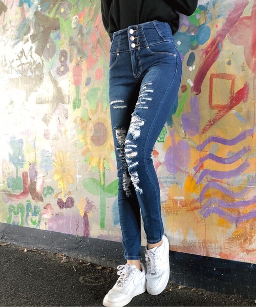 meJane（ミージェーン）の「ボタンフライ ハイウエストダメージスキニー（デニムパンツ・レディース・インディゴブルー/ブラック/ブルー・SS/S/M/L）」の15枚目の写真