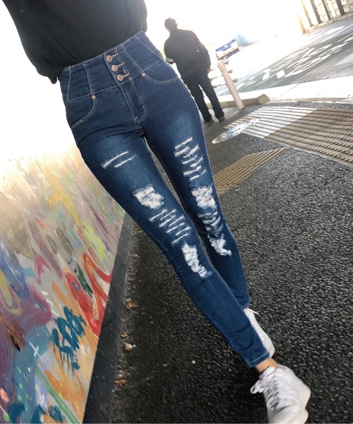 meJane（ミージェーン）の「ボタンフライ ハイウエストダメージスキニー（デニムパンツ・レディース・インディゴブルー/ブラック/ブルー・SS/S/M/L）」の21枚目の写真