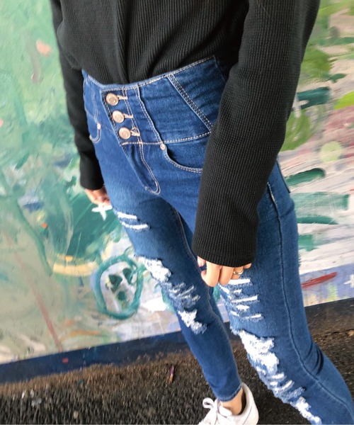 meJane（ミージェーン）の「ボタンフライ ハイウエストダメージスキニー（デニムパンツ・レディース・インディゴブルー/ブラック/ブルー・SS/S/M/L）」の16枚目の写真