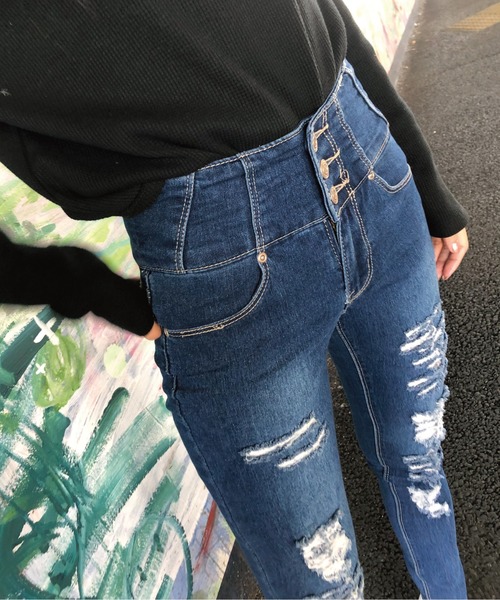 meJane（ミージェーン）の「ボタンフライ ハイウエストダメージスキニー（デニムパンツ・レディース・インディゴブルー/ブラック/ブルー・SS/S/M/L）」の22枚目の写真