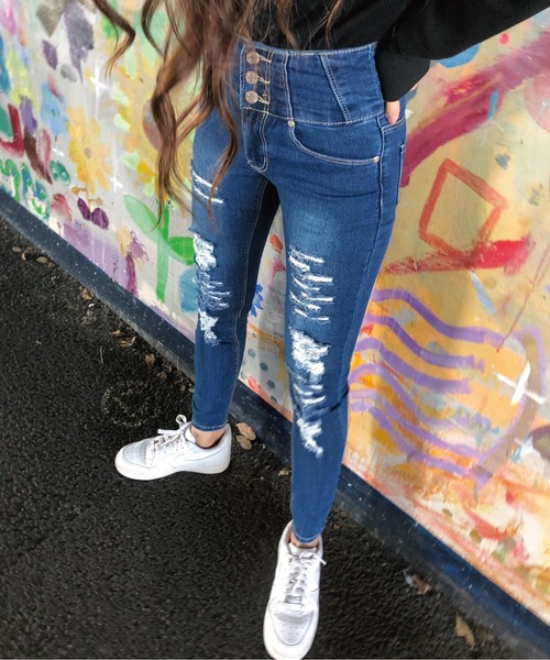 meJane（ミージェーン）の「ボタンフライ ハイウエストダメージスキニー（デニムパンツ・レディース・インディゴブルー/ブラック/ブルー・SS/S/M/L）」の19枚目の写真