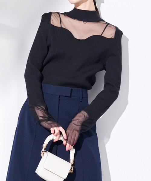 Solace(ソレイス)の「シアー切替ハイネックレディニットトップス(ニット/セーター・レディース・ブラック/ナチュラル・FREE)」の2枚目の写真