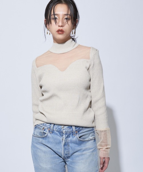 Solace(ソレイス)の「シアー切替ハイネックレディニットトップス(ニット/セーター・レディース・ブラック/ナチュラル・FREE)」の14枚目の写真