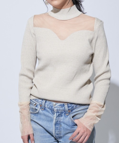 Solace(ソレイス)の「シアー切替ハイネックレディニットトップス(ニット/セーター・レディース・ブラック/ナチュラル・FREE)」の13枚目の写真