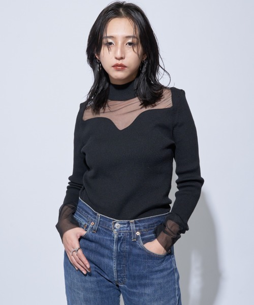Solace(ソレイス)の「シアー切替ハイネックレディニットトップス(ニット/セーター・レディース・ブラック/ナチュラル・FREE)」の4枚目の写真