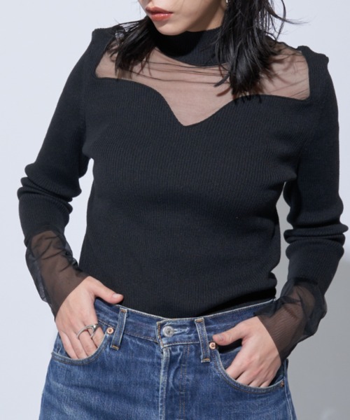 Solace(ソレイス)の「シアー切替ハイネックレディニットトップス(ニット/セーター・レディース・ブラック/ナチュラル・FREE)」の5枚目の写真