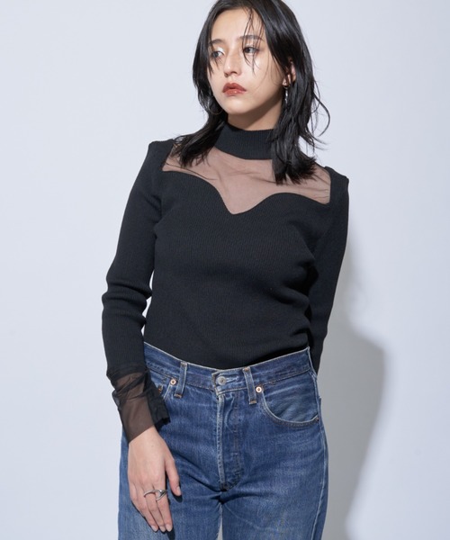 Solace(ソレイス)の「シアー切替ハイネックレディニットトップス(ニット/セーター・レディース・ブラック/ナチュラル・FREE)」の3枚目の写真