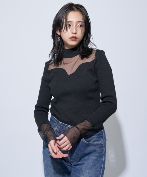 Solace(ソレイス)の「シアー切替ハイネックレディニットトップス(ニット/セーター・レディース・ブラック/ナチュラル・FREE)」の9枚目の写真