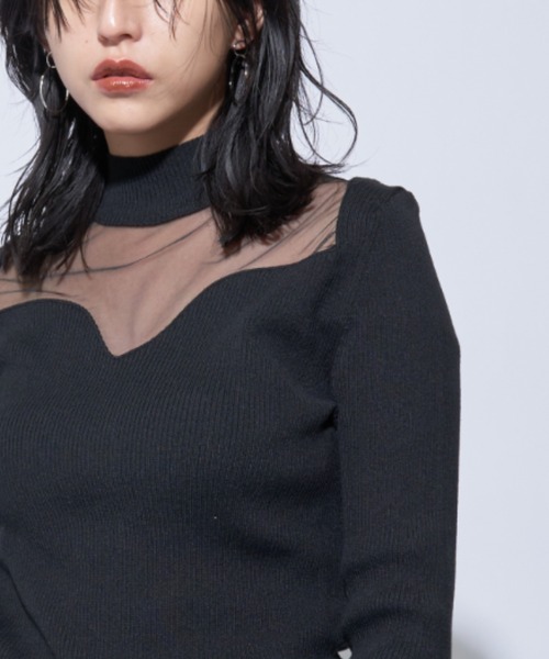 Solace(ソレイス)の「シアー切替ハイネックレディニットトップス(ニット/セーター・レディース・ブラック/ナチュラル・FREE)」の6枚目の写真