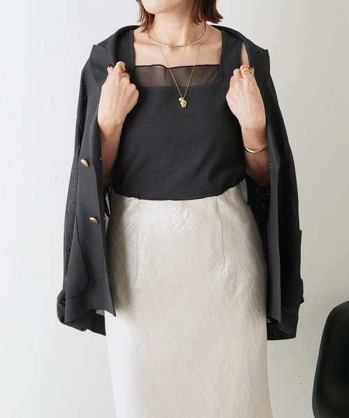 COLLAGE GALLARDAGALANTE（コラージュガリャルダガランテ）の「シアー切替スクエアタンク/C'NOTE（タンクトップ・レディース・ホワイト/チャコールグレー/ベージュ/ブラック/ブルー/グレー系その他/ホワイト系その他・FREE）」の6枚目の写真